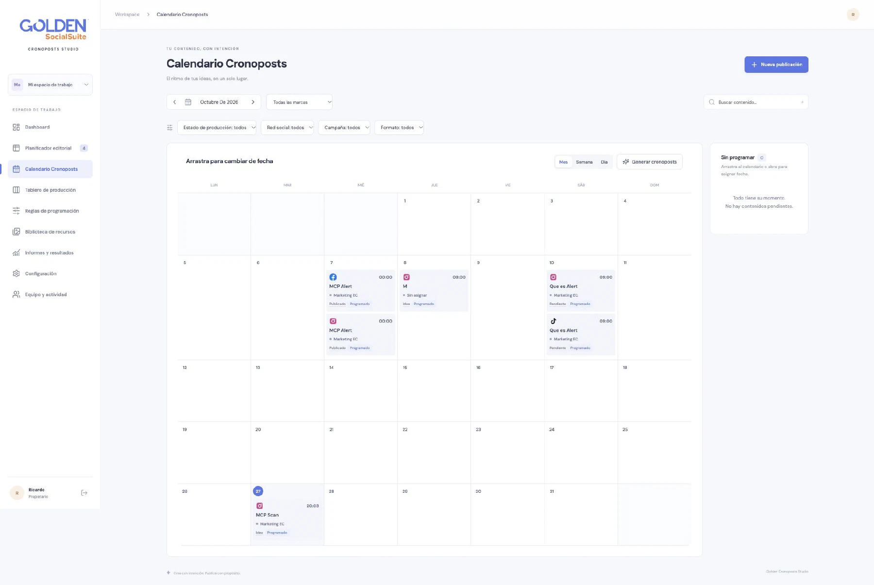 El calendario de contenidos en Golden Cronoposts Studio