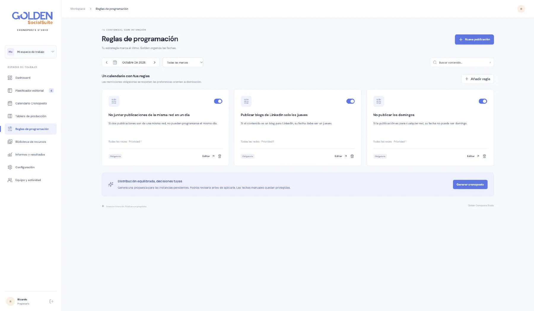 Reglas para organizar las fechas en Golden Cronoposts Studio